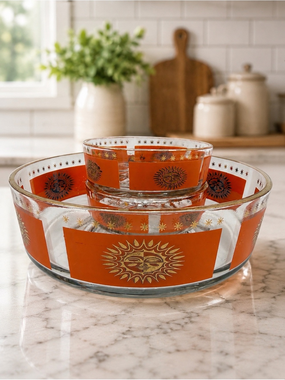 1970's Jeanette Glass Company Aztec Sun Chip & Dip Bowls